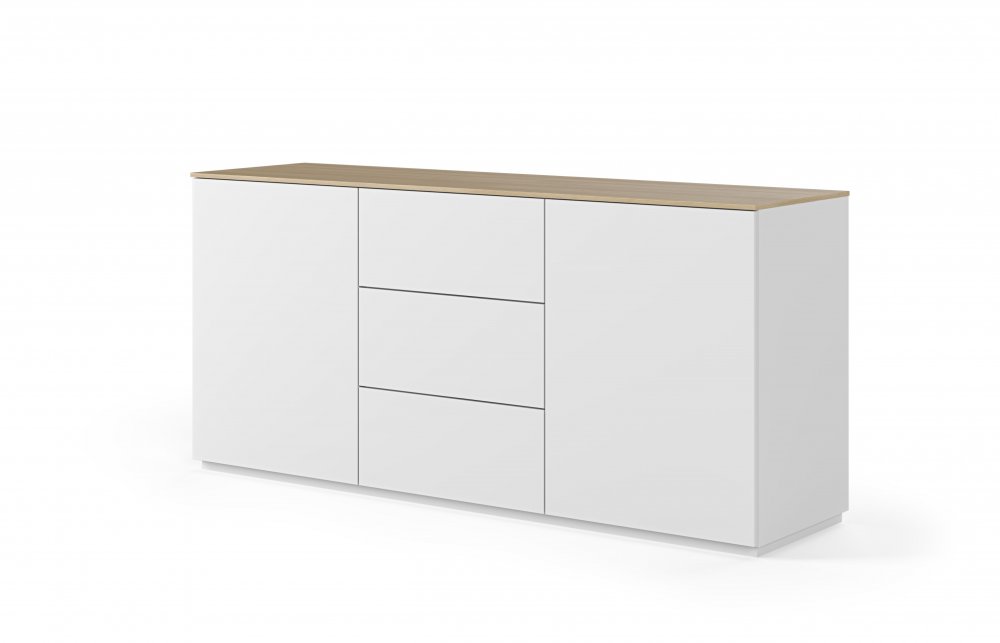 Buffet WHITY 2 blanc mat 180cm 2 portes/3 tiroirs Plateau en bois de chêne clair